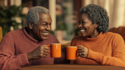 Senior biracial couple shares a joyful moment with a toast of coffee mugs
