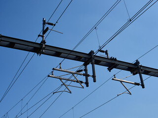 Railroad overhead electric power supply lines above train track