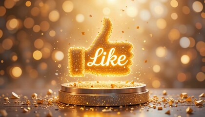 Like Icon with Sparkles and Glitter on Pedestal 4K Ultra HD Thumbs Up Digital Artwork for Social Media E Commerce and Online Branding AI Generated AI Images