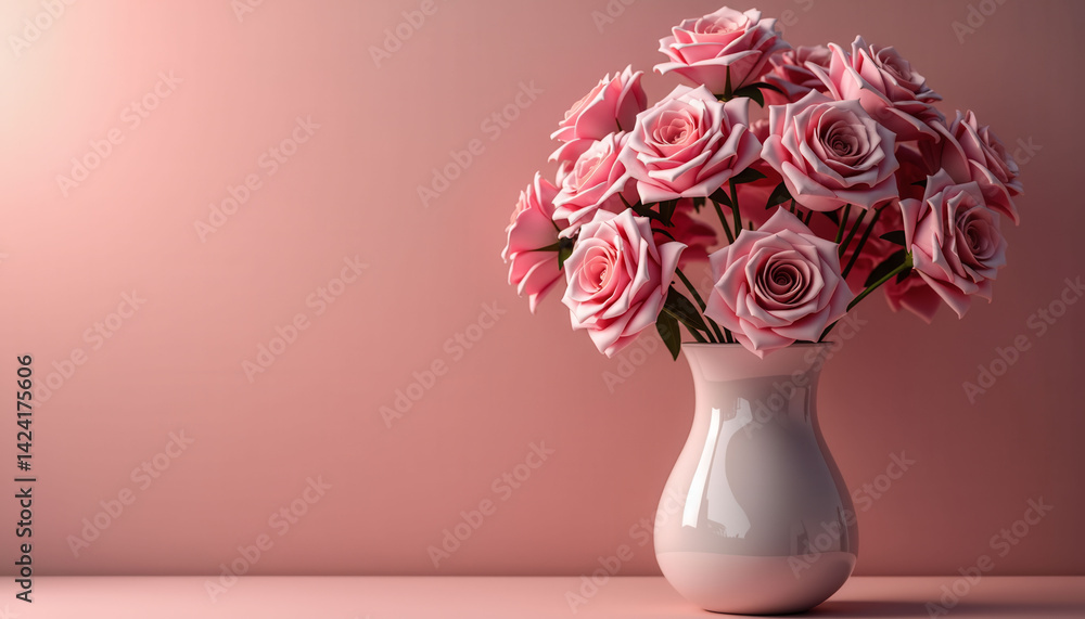 Poster a vase of pink roses sits on a table. the roses are arranged in a way that they are all facing the s