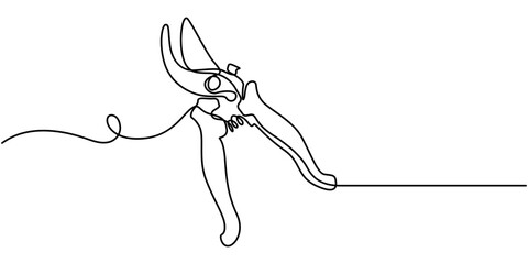 Continuous one line drawing secateurs. Gardening scissors vector hand drawn silhouette clipart. Sketch isolated on white background, Gardening Pruning Shears or Cutters Single Line Drawing.