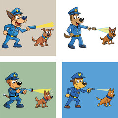 Cartoon Police Dog With Weapon Inspecting Dog Companion Vector Illustration Set