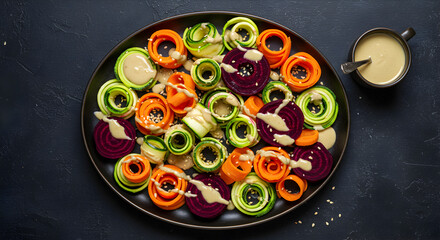 Vibrant Vegetable Spirals With Tahini Dressing On Dark Background