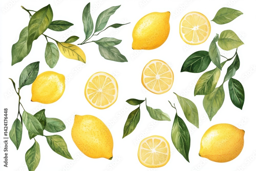 Poster a vibrant display of lemons and foliage arranged on a white background creating a fresh and natural 