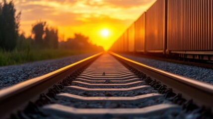 Obraz premium The golden hour bathes a railroad landscape lined with colorful shipping containers, elegantly capturing the interplay of light, shadow, and human innovation in industry.