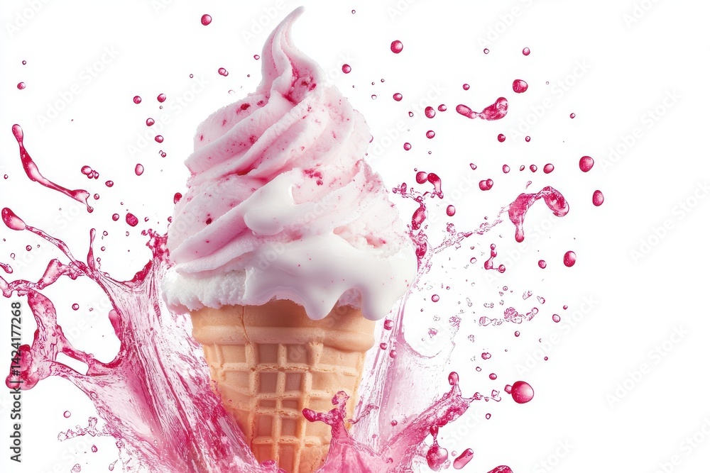 Poster a pink ice cream cone with a splash of pink liquid on a white background creating a dynamic composit