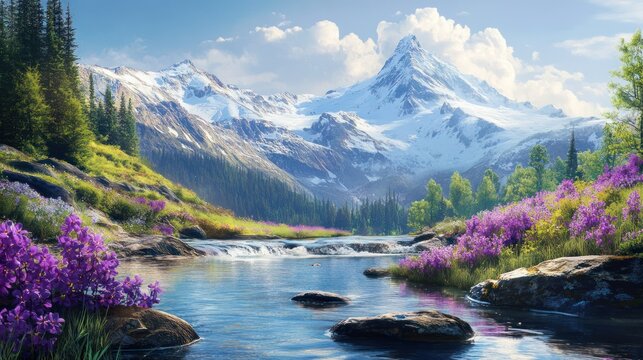 Mountain river valley spring flowers scenic landscape postcard