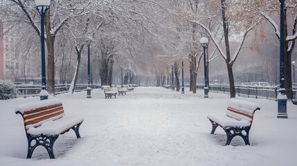 Snow-covered benches line a quiet city park path surrounded by leafless trees under a fresh blanket of snow. The image conveys stillness, seasonal beauty and the calm of winter in an urban setting