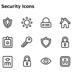 Fototapeta premium Set of Security web icons in line black style. Guard, cyber security, password, smart home, safety, data protection, key, shield, lock, unlock, eye access. Security outline icon set.
