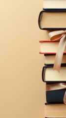 Tall stack of hardcover books with ribbon on beige background, educational reading material, literature collection, study and learning resources