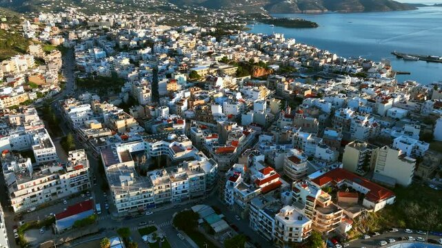 Agios Nikolaos coastal city skyline on the Greek island of Crete, Aerial view