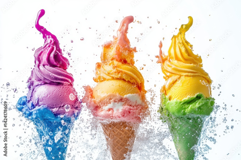 Poster three vibrant ice cream cones with colorful swirls against a clean white background in a studio sett