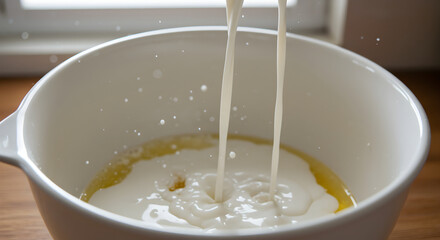 Pouring Fresh Milk Into A Bowl During Food Preparation Baking At Home