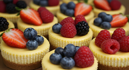 Delicious Mini Cheesecakes Decorated With Assorted Fresh Berries For Dessert