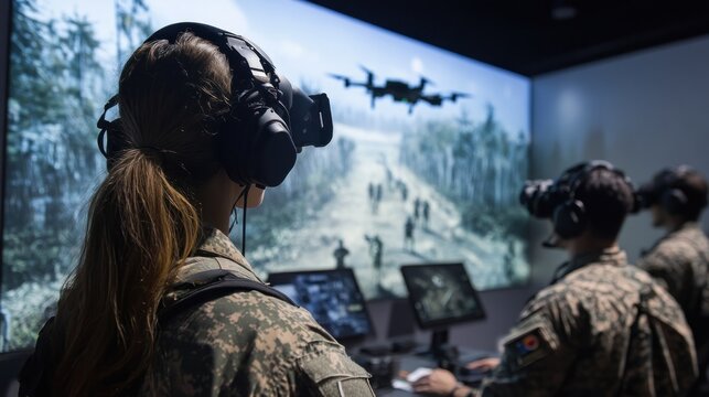 Military personnel using VR technology for drone training