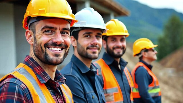 Smiling builder workers in professional clothes and hard hats working on construction site outdoors, construction industry concept