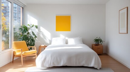 Fototapeta premium Bright, modern bedroom with large windows, a yellow chair, and a bold yellow artwork.