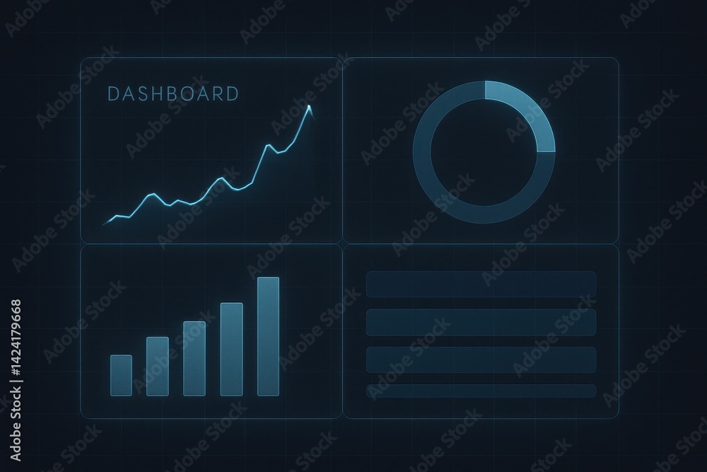 Poster a futuristic digital dashboard displaying analytics