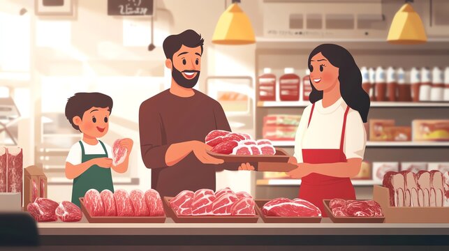 Family Running Butcher Shop with Fresh Meat Counter Display and Smiling Faces