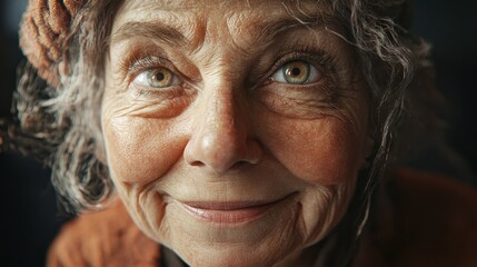 Old cheerful woman looking aside isolated