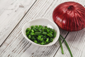 Diced green onion in the bowl