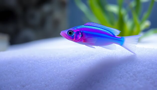 a close up glowfish in aquascape with white silica substrat, made by Ai