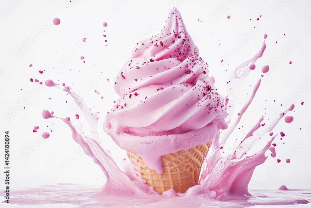 Poster a pink soft serve ice cream cone with sprinkles and a splash of liquid on a white background studio 