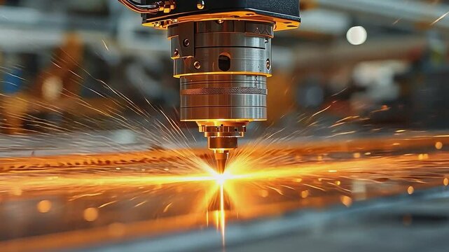 Industrial Precision: An industrial laser machine precisely cuts through a metal sheet with dazzling sparks and heat in a display of cutting-edge technology. 