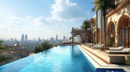 Fototapeta premium Luxurious rooftop infinity pool overlooking a city skyline. A lavish, opulent architectural design with a large swimming pool. Luxury patio space and sunbathing areas. Stunning panoramic city views