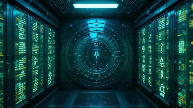Futuristic Data Center with Encrypted Digital Displays: A Secure Server Room Environment