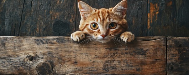 Curious ginger cat peeking over rustic wooden fence with intense gaze