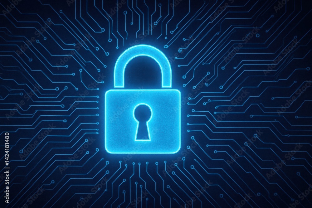 Aufkleber a futuristic lock symbol illuminated in blue, set against a backdrop of digital circuit patterns. th