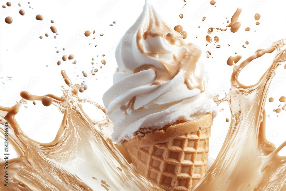 Poster a vanilla ice cream cone with liquid splashing around it on a white background in a studio