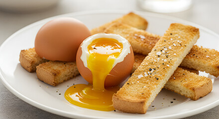 Fototapeta premium Perfectly Plated Breakfast Boiled Egg Displayed With Toast Sticks And Salt