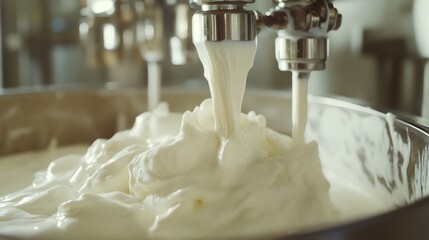 Pouring Fresh Cheese for Production Process in Factory Setting
