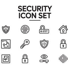 Set of Security web icons in line black style. Guard, cyber security, password, smart home, safety, data protection, key, shield, lock, unlock, eye access. Security outline icon set.