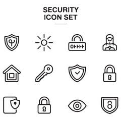Set of Security web icons in line black style. Guard, cyber security, password, smart home, safety, data protection, key, shield, lock, unlock, eye access. Security outline icon set.