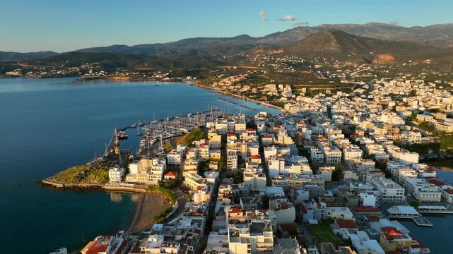 Agios Nikolaos coastal city skyline on the Greek island of Crete, Aerial view