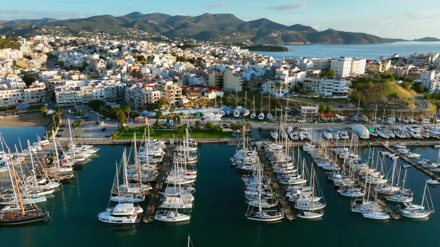 Agios Nikolaos coastal city skyline on the Greek island of Crete, Aerial view