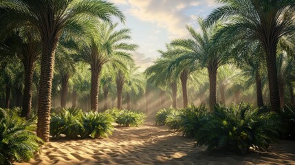 Fototapeta premium Lush palm grove pathway in desert sunlight