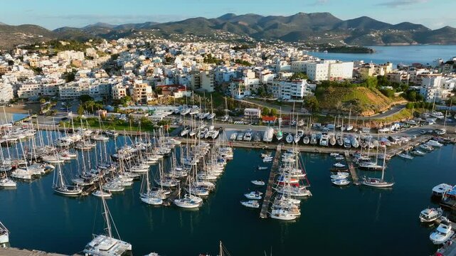 Agios Nikolaos coastal city skyline on the Greek island of Crete, Aerial view