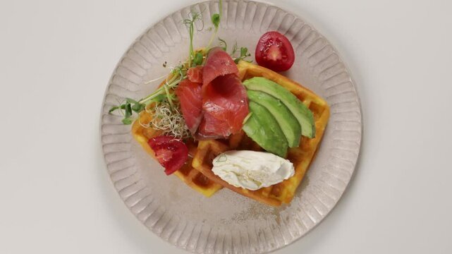 top view red fish slice breakfast waffles on plate zoon food