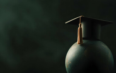 An artistic representation of a graduation cap atop a globe, symbolizing education and global achievement.