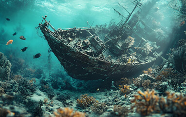 An enchanting underwater scene featuring a sunken ship surrounded by vibrant marine life and coral reefs.