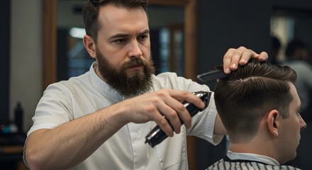 Fototapeta premium Barber giving a haircut with clippers to a man in a barber shop, styling hair with comb and electric shaver.