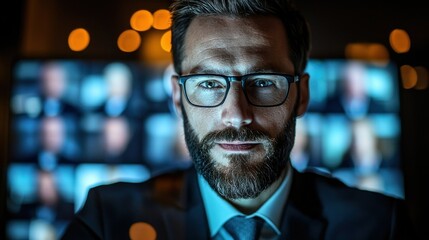 Focused man, suit, glasses, blurry monitors in the background