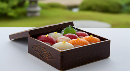 Exquisite Nigiri Sushi Assortment Presented In Elegant Traditional Wooden Box