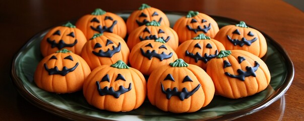 Halloween pumpkin cookies smiling on a plate