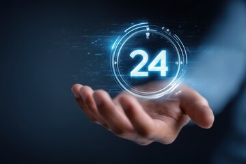 Person's Hand Holding Glowing 24 Number Circle Digital Technology Concept