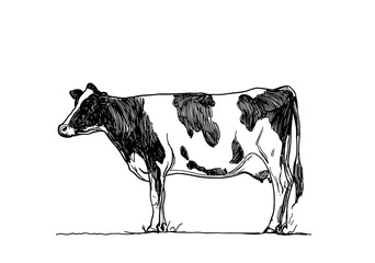 Hand-drawn vector illustration of dairy cow, showcasing detailed linework and natural pose. Ideal for agricultural themes, farm branding, and culinary projects. Perfect addition to any creative work.